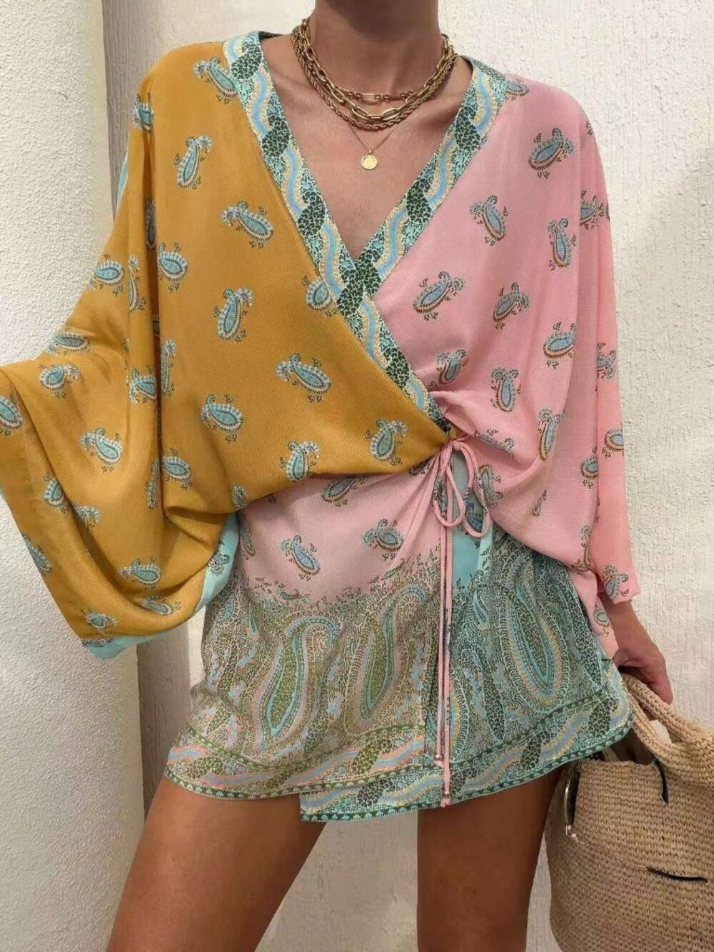 Flower Casual Women's Bohemian Full-Print Robe-Style Mini Dress